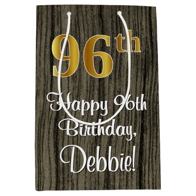 96th Birthday: Elegant Faux Gold Look #, Faux Wood Medium Gift Bag (Front)