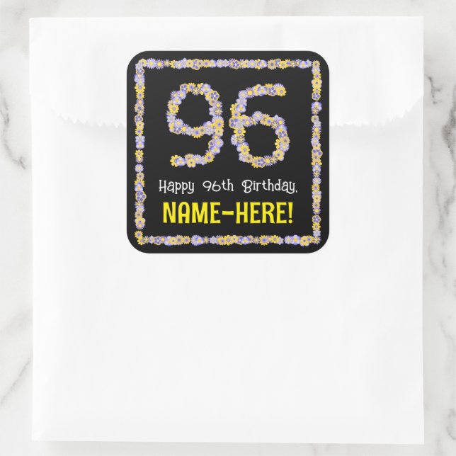 96th Birthday: Floral Flowers Number, Custom Name Square Sticker (Bag)