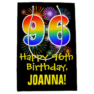 96th Birthday: Fun Fireworks Pattern + Rainbow 96 Medium Gift Bag
