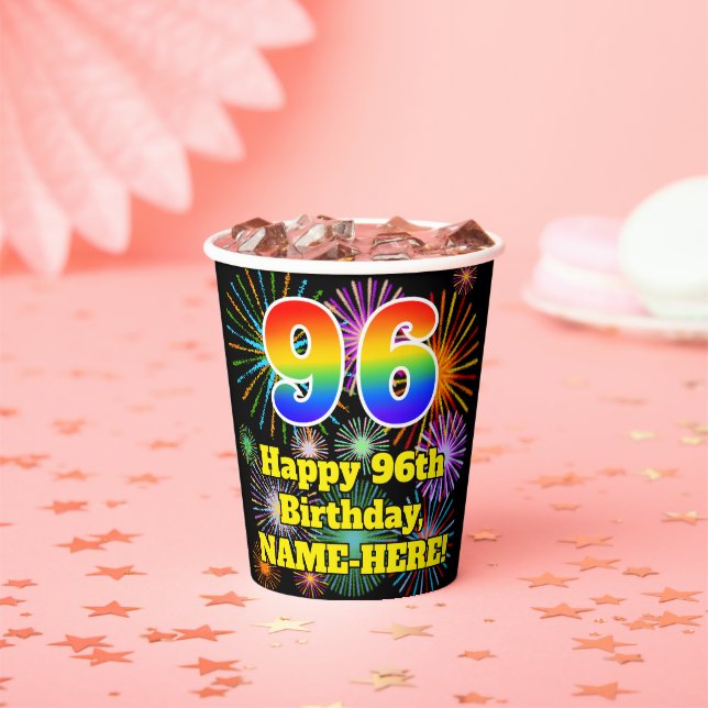 96th Birthday: Fun Fireworks Pattern + Rainbow 96 Paper Cups (Insitu)