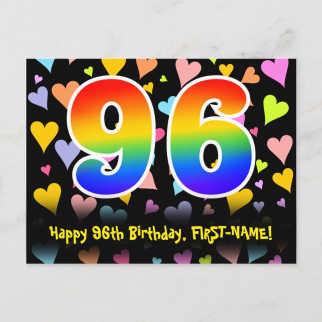 96th Birthday: Fun Hearts Pattern, Rainbow 96 Postcard (Front)