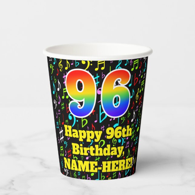 96th Birthday: Fun Music Notes Pattern, Rainbow 96 Paper Cups (Back)