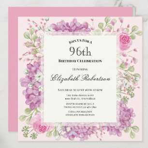 96th Birthday Invitation Elegant Pink Flowers