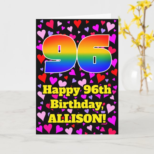 96th Birthday: Loving Hearts Pattern, Rainbow # 96 Card (Yellow Flower)