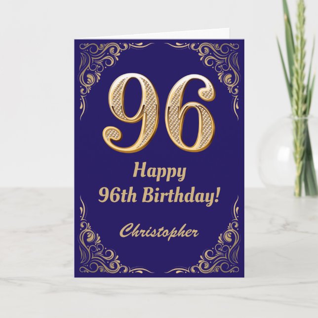 96th Birthday Navy Blue and Gold Glitter Frame Card (Front)