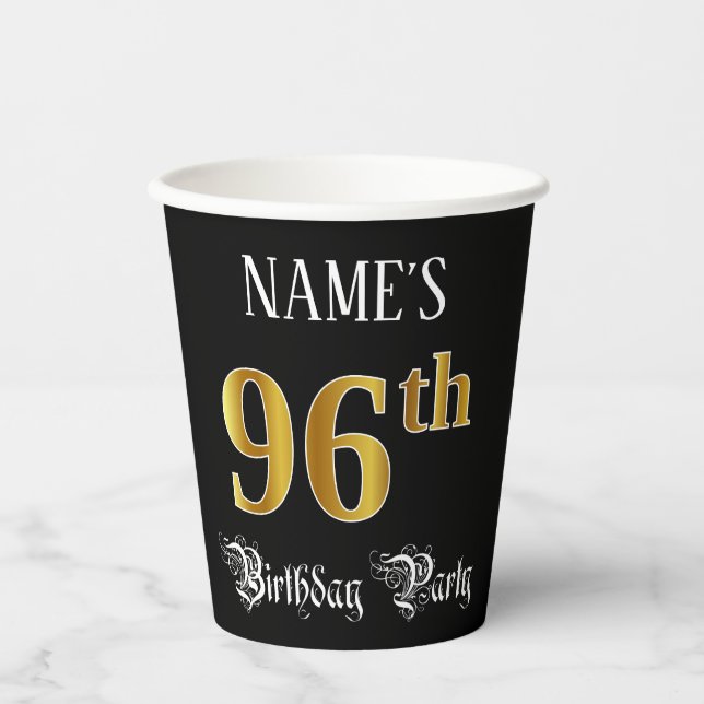 96th Birthday Party — Fancy Script, Faux Gold Look Paper Cups (Front)