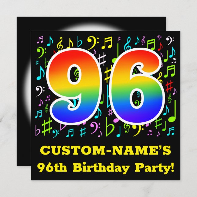96th Birthday Party: Fun Music Symbols, Rainbow 96 Invitation (Front/Back)
