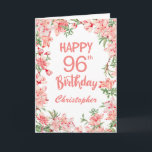 96th Birthday Pink Peach Peonies Watercolor Floral Card<br><div class="desc">96th Birthday Pink Peach Peonies Watercolor Floral Birthday Card. For further customisation,  please click the "Customise it" button and use our design tool to modify this template.</div>