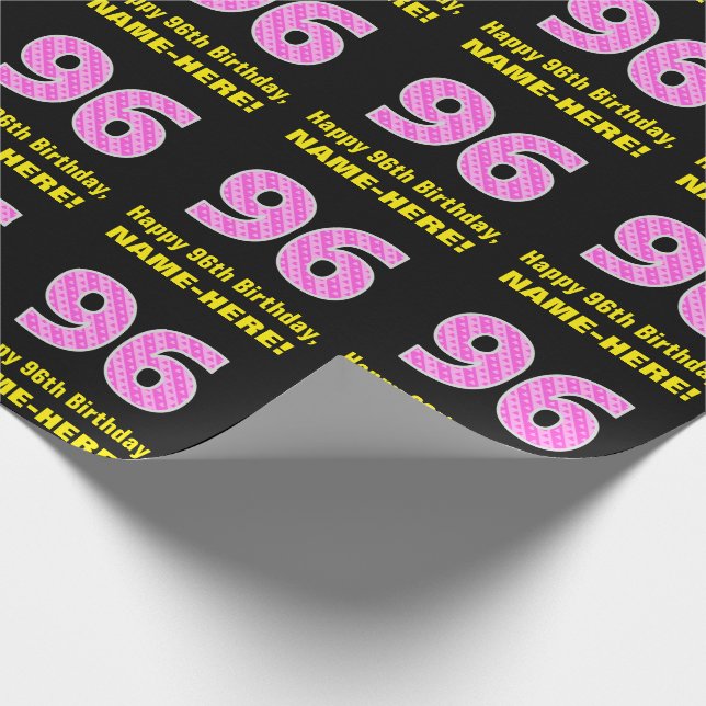 96th Birthday: Pink Stripes and Hearts "96" + Name Wrapping Paper (Corner)