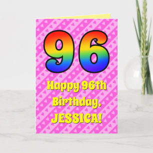 96th Birthday: Pink Stripes & Hearts, Rainbow # 96 Card