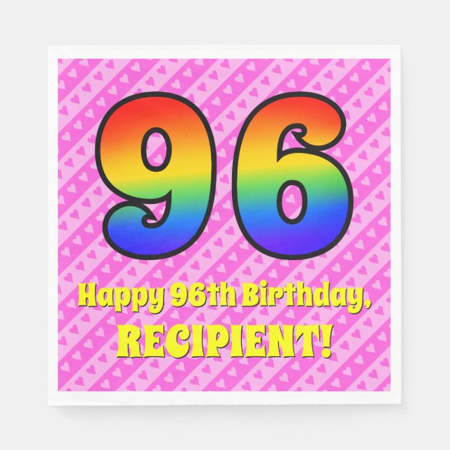 96th Birthday: Pink Stripes & Hearts, Rainbow # 96 Napkin (Front)