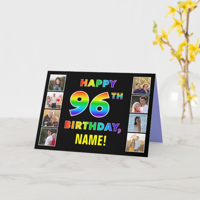 96th Birthday: Rainbow Text, Custom Photos & Name Card (Yellow Flower)