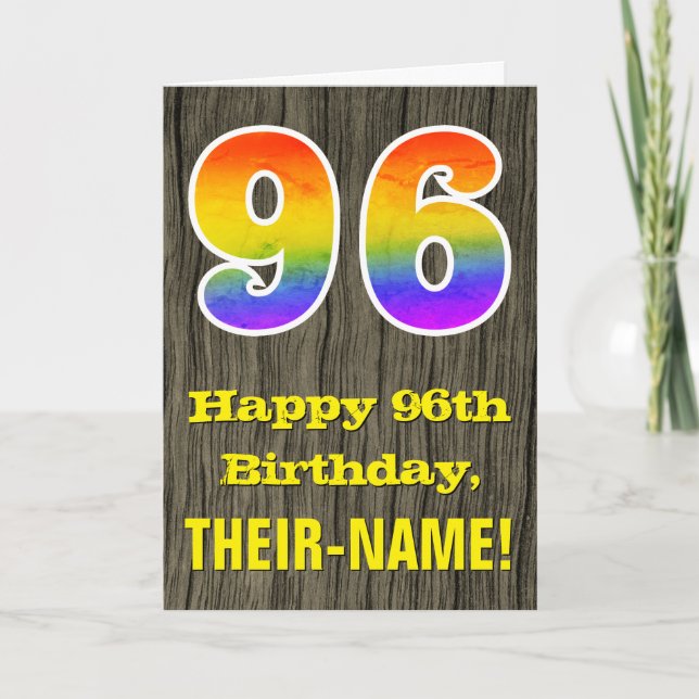 96th Birthday: Rustic Faux Wood Look, Rainbow "96" Card (Front)
