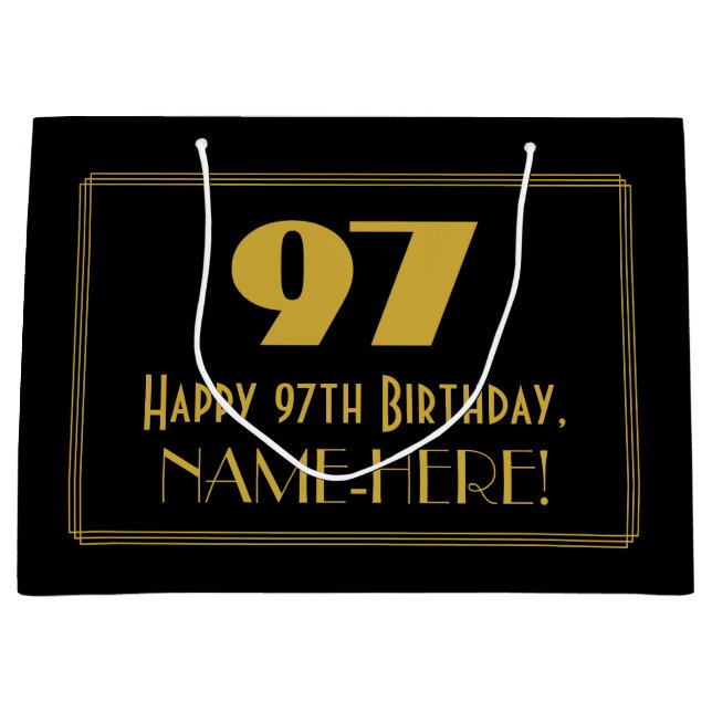 97th Birthday — Art Deco Inspired Look "97" & Name Large Gift Bag (Front)