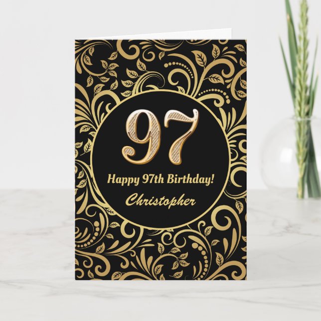 97th Birthday Black and Gold Floral Pattern Card (Front)