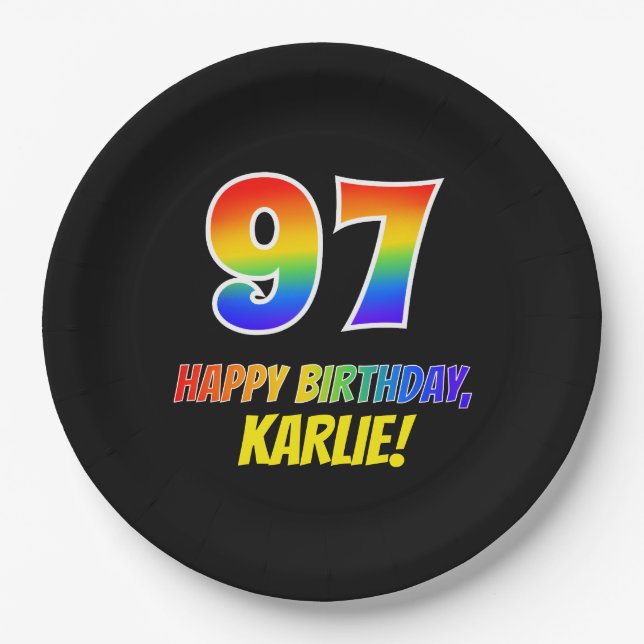 97th Birthday: Bold, Fun, Simple, Rainbow 97 Paper Plate (Front)