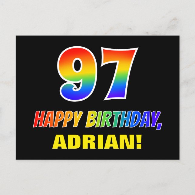 97th Birthday: Bold, Fun, Simple, Rainbow 97 Postcard (Front)
