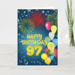 97th Birthday card with fireworks and balloons