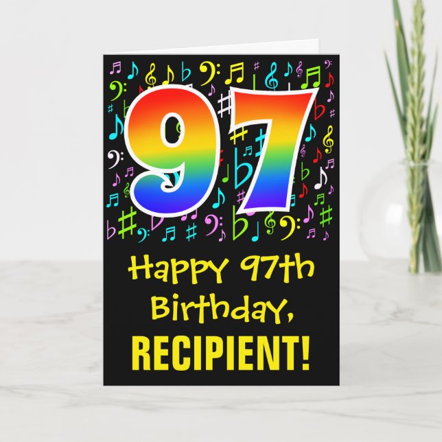 97th Birthday: Colorful Music Symbols + Rainbow 97 Card (Front)