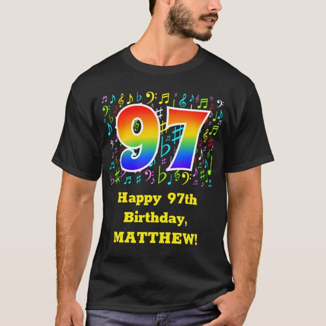 97th Birthday: Colourful Music Symbols, Rainbow 97 T-Shirt (Front)