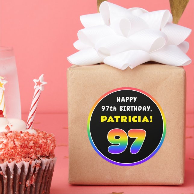97th Birthday: Colourful Rainbow # 97, Custom Name Classic Round Sticker (Party)