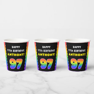97th Birthday: Colourful Rainbow # 97, Custom Name Paper Cups
