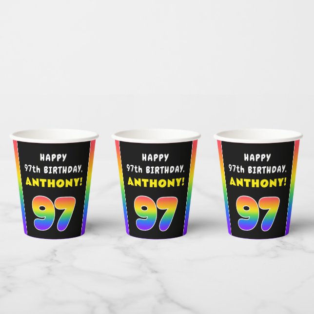 97th Birthday: Colourful Rainbow # 97, Custom Name Paper Cups (Multi)