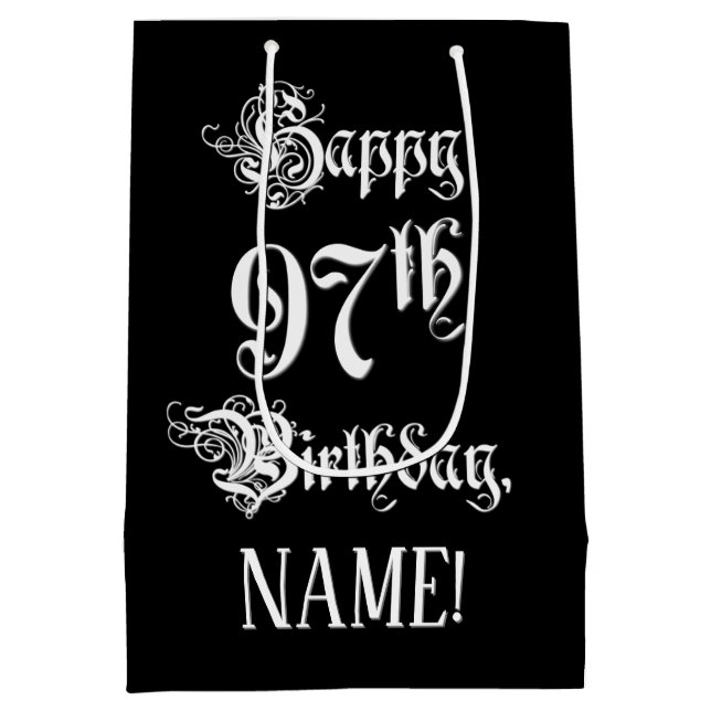 97th Birthday: Fancy, Elegant Script + Custom Name Medium Gift Bag (Back)