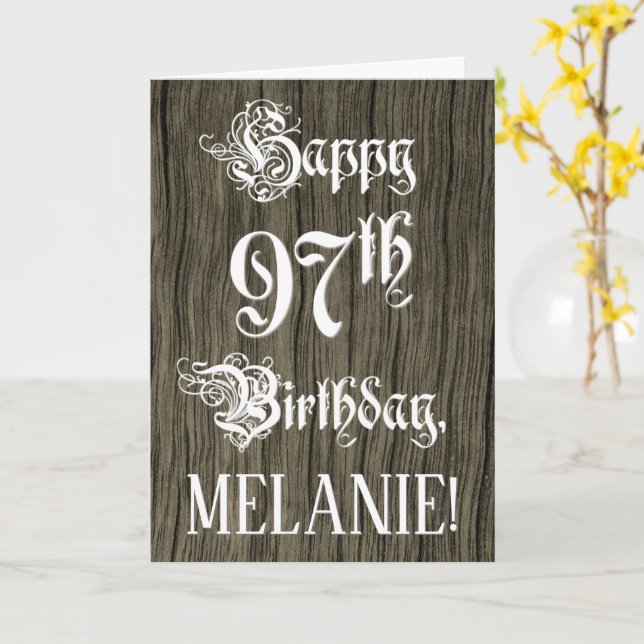 97th Birthday: Fancy, Elegant Text; Faux Wood Look Card (Yellow Flower)