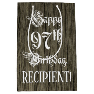 97th Birthday: Fancy, Faux Wood Look + Custom Name Medium Gift Bag
