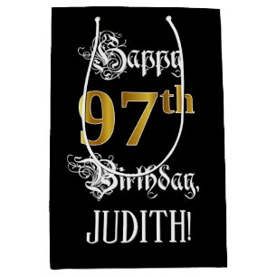 97th Birthday ~ Fancy Script; Faux Gold Look; Name Medium Gift Bag