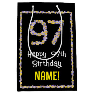 97th Birthday: Floral Flowers Number, Custom Name Medium Gift Bag