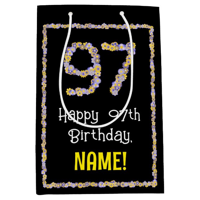 97th Birthday: Floral Flowers Number, Custom Name Medium Gift Bag (Front)
