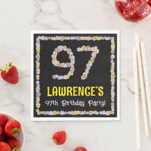 97th Birthday: Floral Flowers Number, Custom Name Napkin