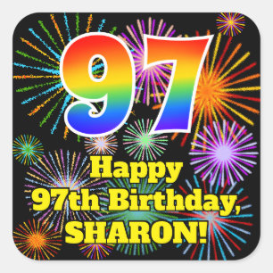 97th Birthday: Fun Fireworks Look, Rainbow # 97 Square Sticker