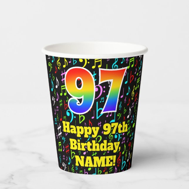 97th Birthday: Fun Music Notes Pattern, Rainbow 97 Paper Cups (Back)