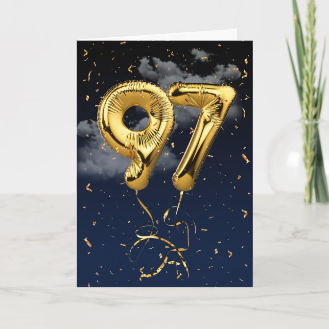 97th Birthday Gold Mylar Balloon and Confetti Card (Front)