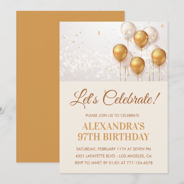 97th birthday invitations Balloons Gold (Front/Back)