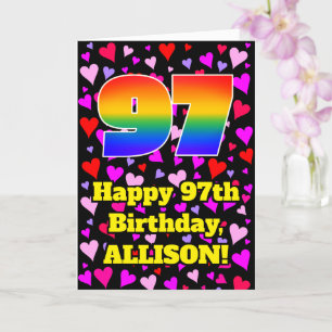 97th Birthday: Loving Hearts Pattern, Rainbow # 97 Card