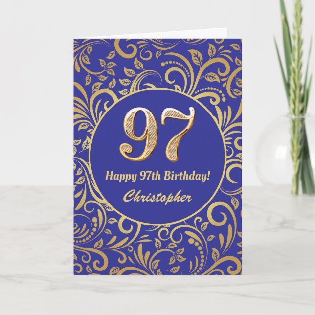 97th Birthday Navy Blue and Gold Floral Pattern  Card (Front)