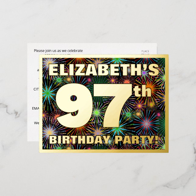 97th Birthday Party: Bold, Colourful Fireworks Loo Foil Invitation Postcard (Front/Back)