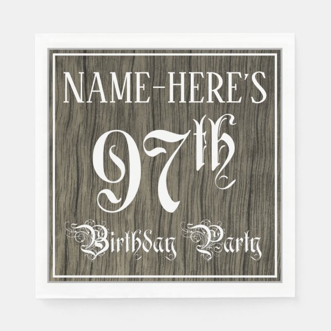 97th Birthday Party — Fancy Script, Faux Wood Look Napkin (Front)