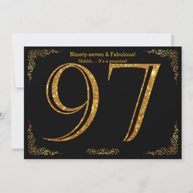 97th Birthday party,Gatsby styl,black gold glitter Invitation (Front)