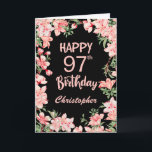 97th Birthday Pink Peach Watercolor Floral Black Card<br><div class="desc">97th Birthday Pink Peach Watercolor Floral Black Birthday Card. For further customisation,  please click the "Customise it" button and use our design tool to modify this template.</div>