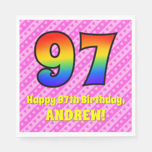 97th Birthday: Pink Stripes & Hearts, Rainbow # 97 Napkin