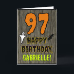 97th Birthday: Spooky Halloween Theme, Custom Name Card<br><div class="desc">The front of this spooky and scary Halloween birthday themed greeting card design features a large number "97". It also features the message "HAPPY BIRTHDAY, ", plus a custom name. There are also depictions of a bat and a ghost on the front. The inside features a customized birthday greeting message,...</div>
