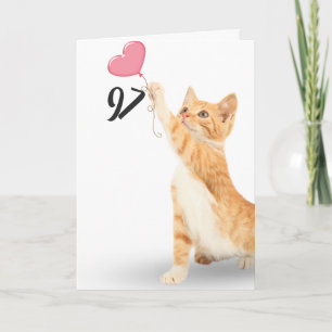 97th birthday tabby cat with heart balloon card