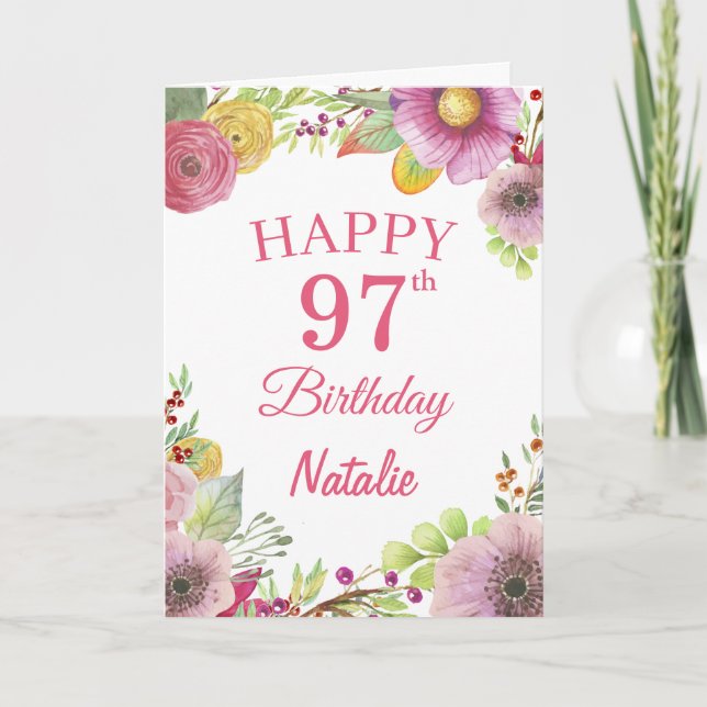 97th Birthday Watercolor Floral Flowers Pink Card (Front)
