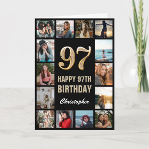 97th Happy Birthday Black and Gold Photo Collage Card