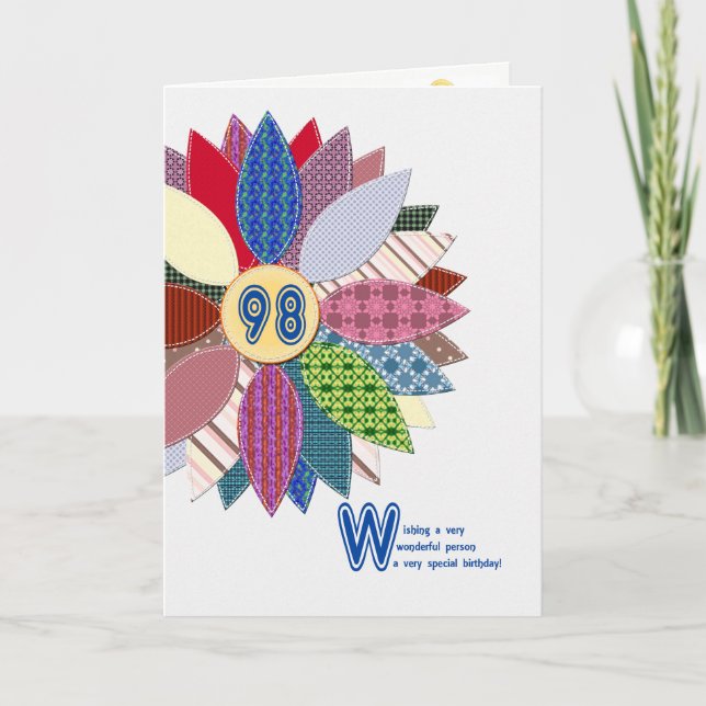 98 years old, stitched flower birthday card (Front)